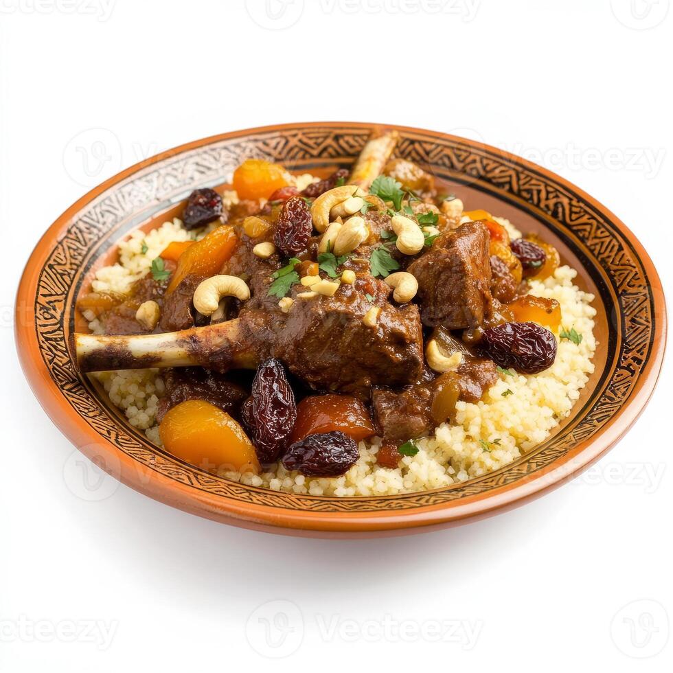 An artistic arrangement of a plate of lamb tagine, featuring tender lamb, dried fruits, and nuts, served with couscous in a Moroccan serving dish. The lamb tagine, with its sweet and savory flavors photo