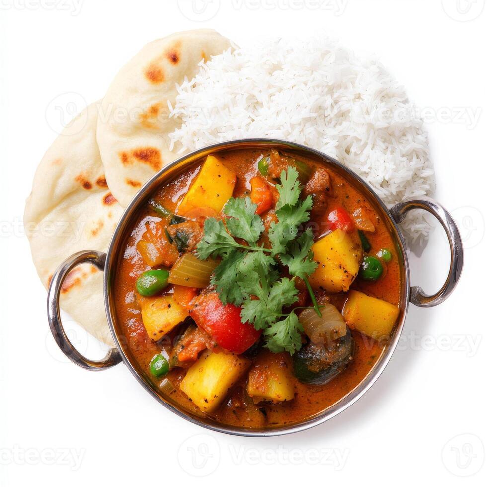 A vibrant, colorful vegetable curry, served in a traditional Indian bowl, surrounded by fluffy basmati rice and warm naan bread. The curry, with its medley of spices and creamy coconut milk, offers a photo