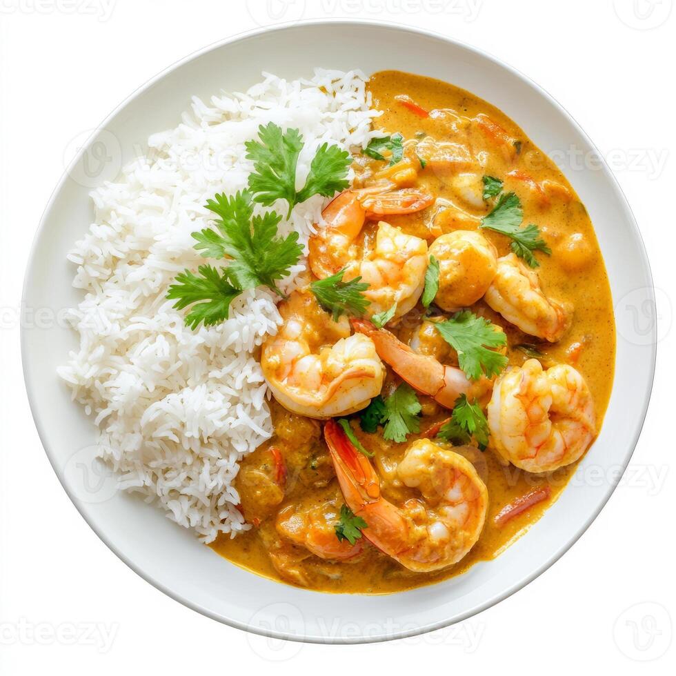A plate of prawn curry, with prawns cooked in a tangy coconut and tamarind sauce, served with rice, isolated on clean white background. photo