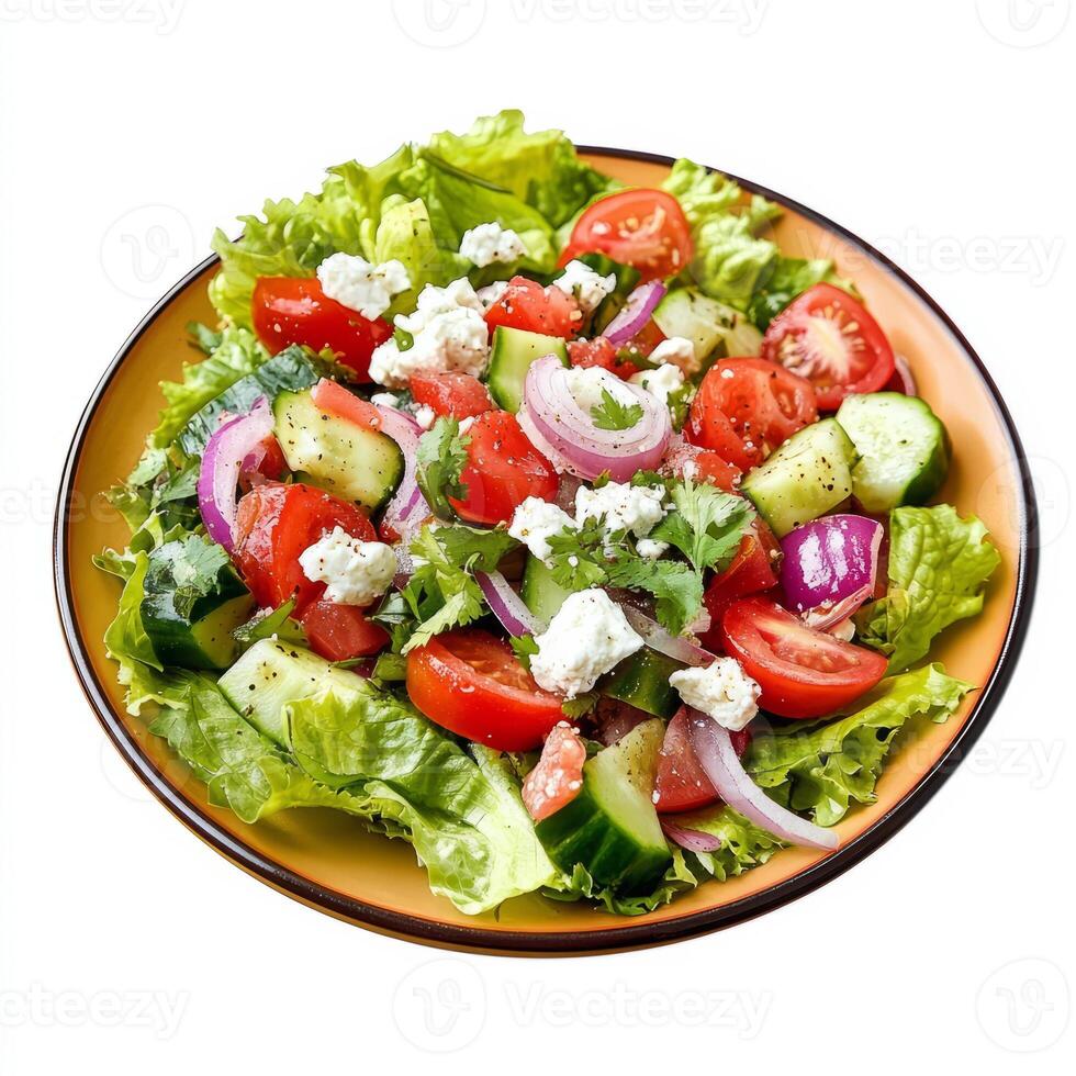 A vibrant plate of nopalitos salad, a refreshing salad with cactus paddles, tomatoes, onions, cilantro, and queso fresco, dressed with a light vinaigrette, served on a bed of lettuce, isolated on photo