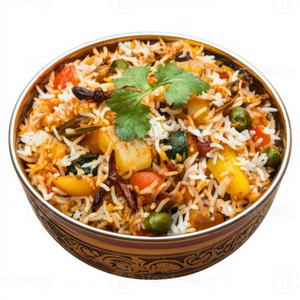 A vibrant bowl of vegetable biryani, with colorful vegetables, basmati rice, and aromatic spices, isolated on clean white background. photo