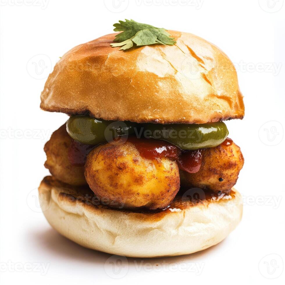 A close-up of a vada pav, with a potato fritter sandwiched in a bun, with chutneys and spices, isolated on clean white background. photo