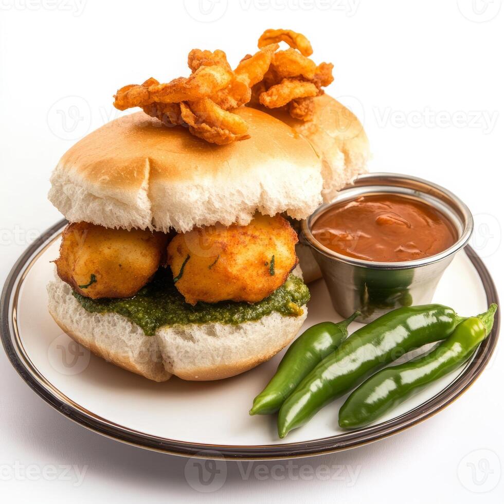 A close-up of a vada pav, with a potato fritter sandwiched in a bun, with chutneys and spices, served with fried green chilies, arranged on a plate, isolated on clean white background. photo