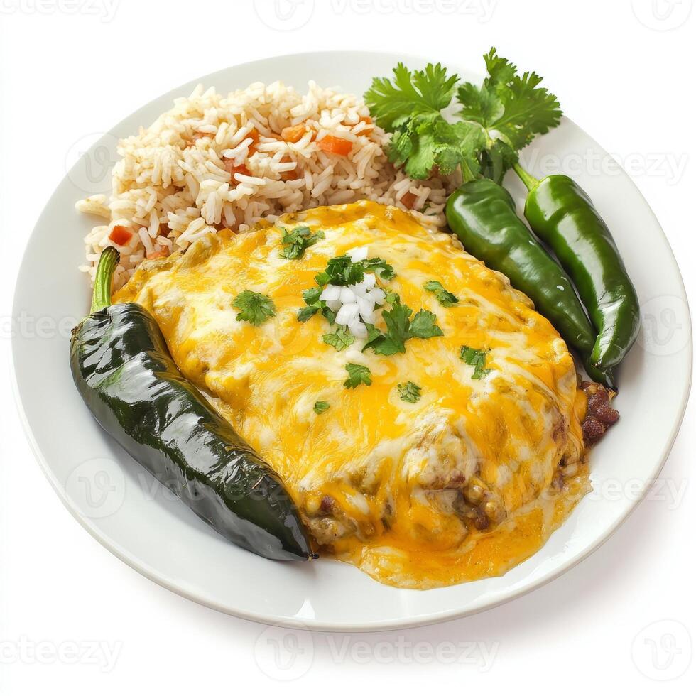 A plate of chile relleno casserole, a cheesy casserole with roasted poblano peppers, cheese, and a creamy sauce, served with rice and beans, isolated on clean white background. photo