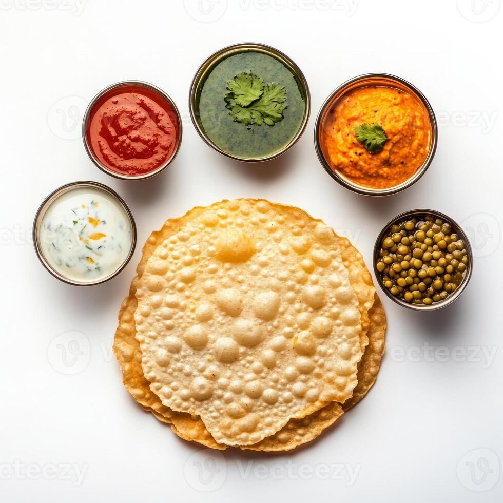 Indian food with different sauces and condiments photo