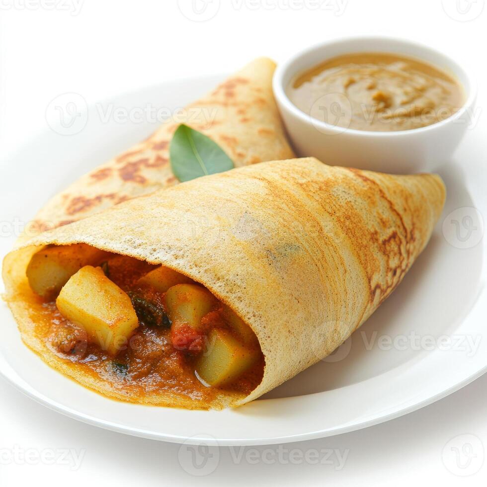 A white plate with a burrito and a side of sauce photo