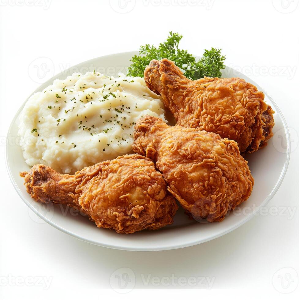 A plate with fried chicken, mashed potatoes and parsley photo