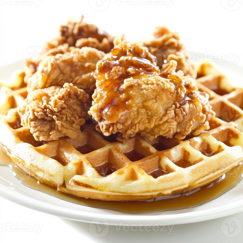 A meticulous close-up of a plate of chicken and waffles, featuring crispy fried chicken and fluffy waffles, drizzled with maple syrup. The chicken and waffles, with their contrasting textures and photo