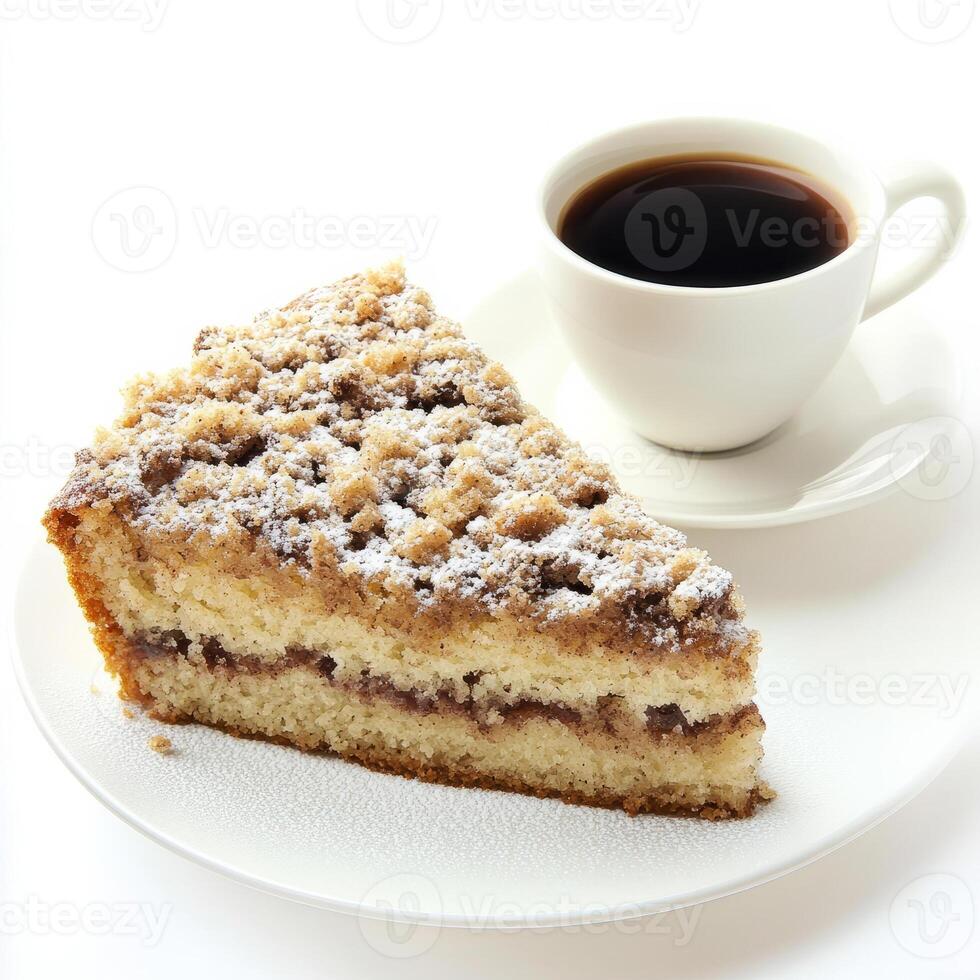 A delectable close-up of a slice of coffee cake, topped with a crumbly streusel and a dusting of powdered sugar, served with a cup of coffee. The coffee cake, with its warm, cinnamon-spiced flavor, photo