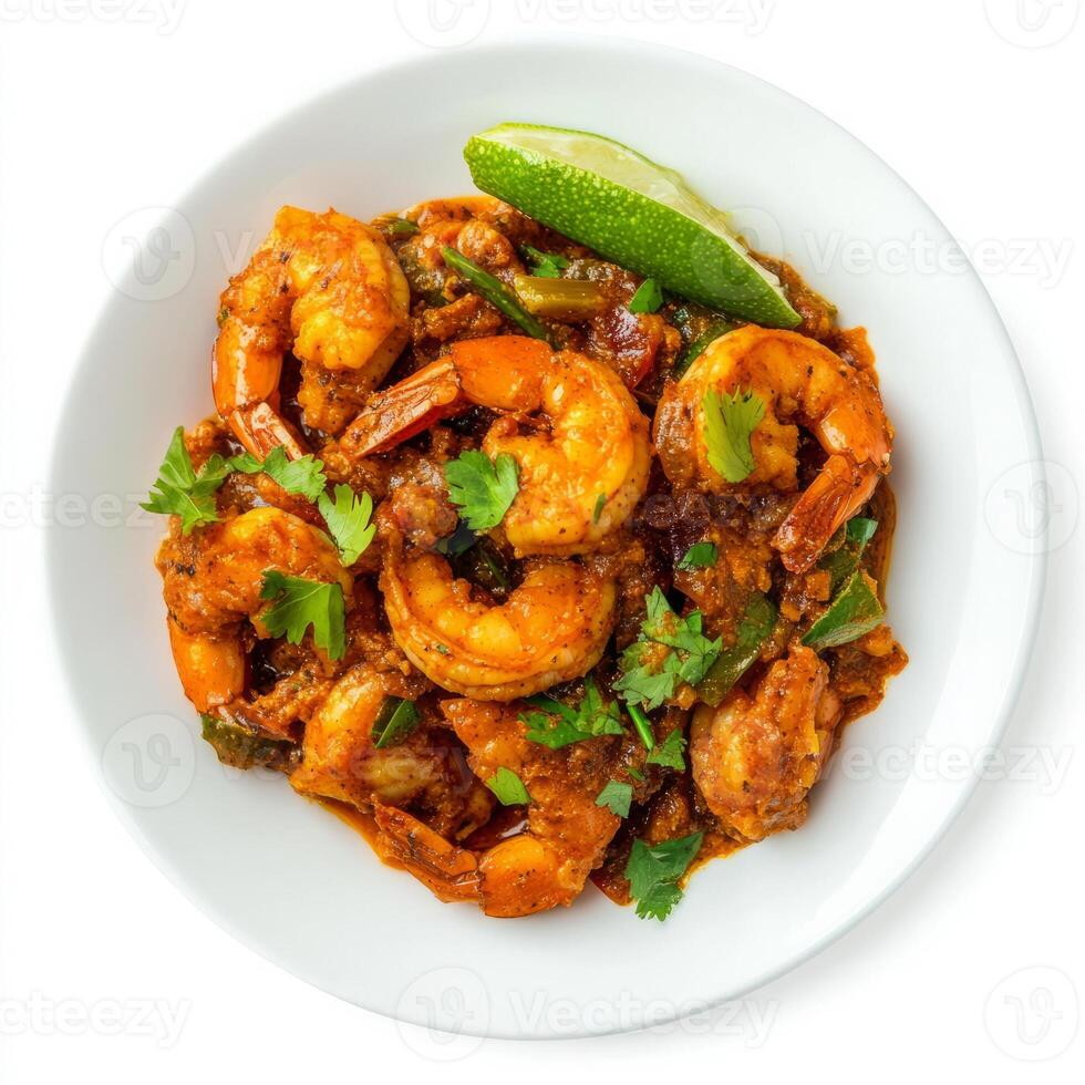 A plate of prawn masala fry, with prawns cooked in a spicy masala sauce, isolated on clean white background. photo