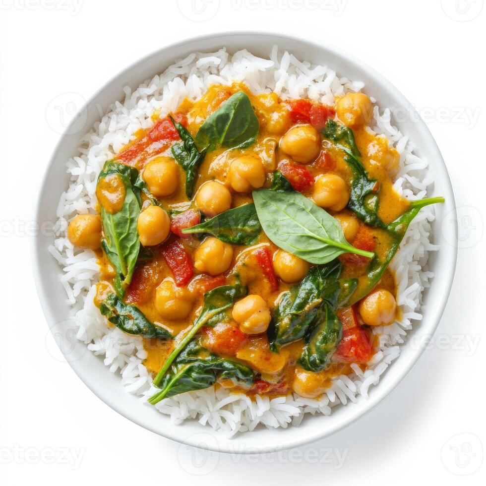 A bowl of vegetable curry with coconut milk, chickpeas, and spinach, served over basmati rice, isolated on clean white background. photo