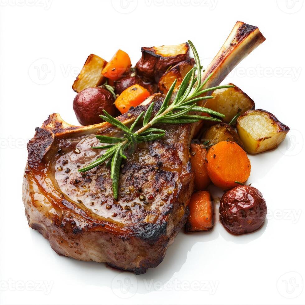 A detailed shot of a perfectly cooked lamb chop, its surface caramelized, served with a side of roasted root vegetables and a rosemary sprig. The lamb chop, with its rich, gamey flavor and tender photo