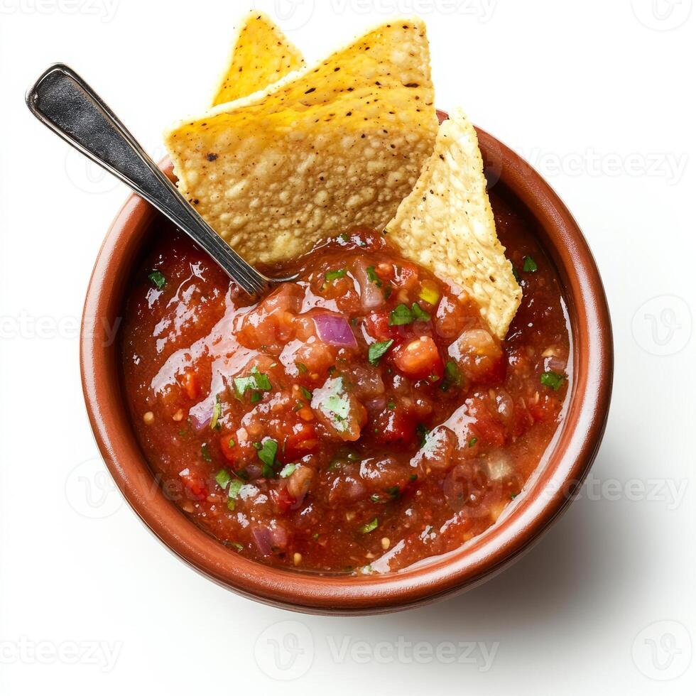 A close-up of a spicy arbol salsa, a fiery salsa made with arbol chilies, tomatoes, onions, and garlic, blended until smooth, served with tortilla chips in a small bowl with a spoon, isolated on clean photo