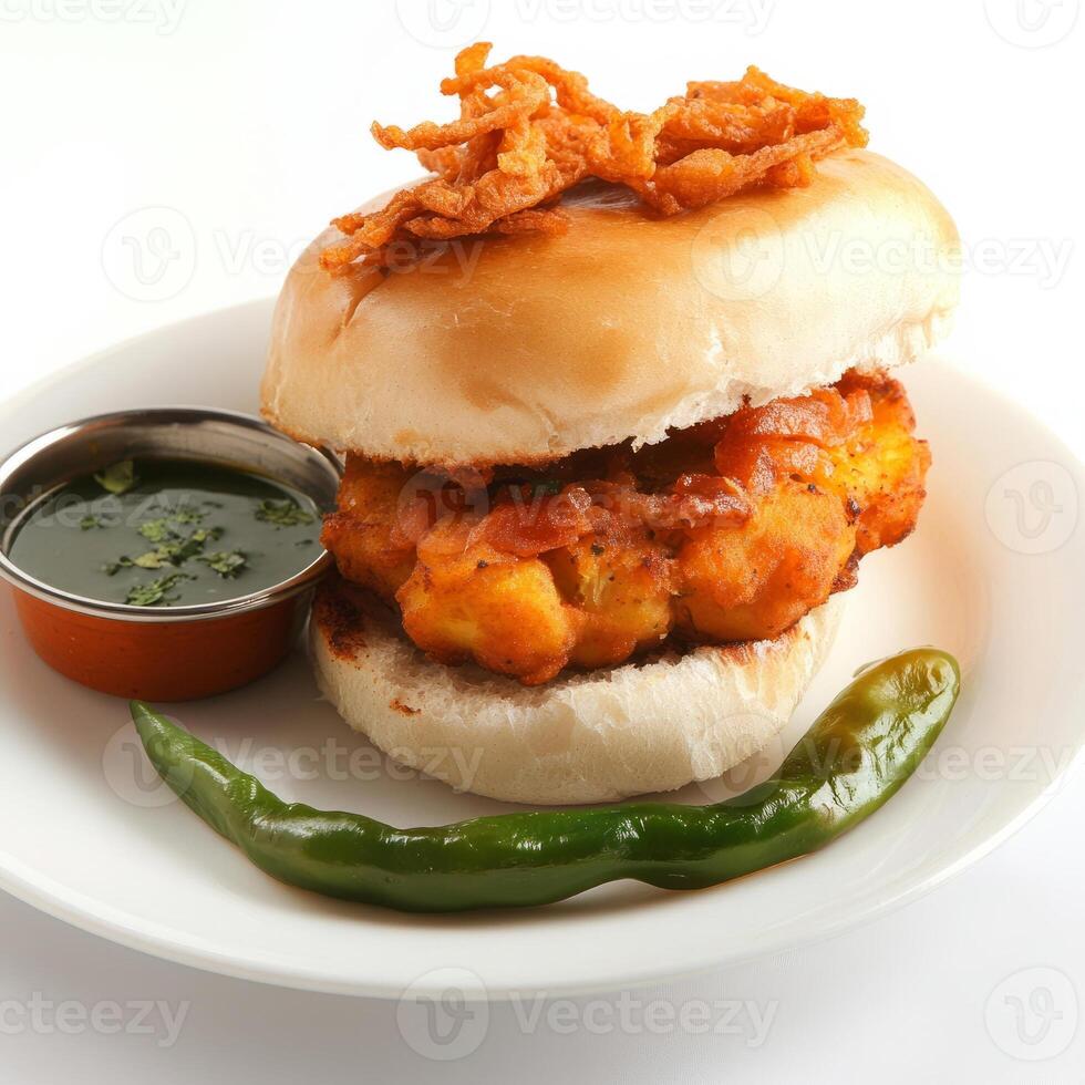 A plate with a burger and some sauce on it photo