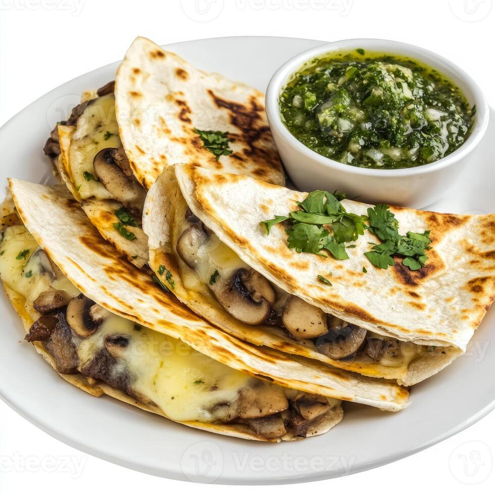 A plate of cheesy quesadillas, filled with melted Oaxaca cheese, mushrooms, and epazote, grilled until golden brown and served with a side of salsa verde, isolated on clean white background. photo
