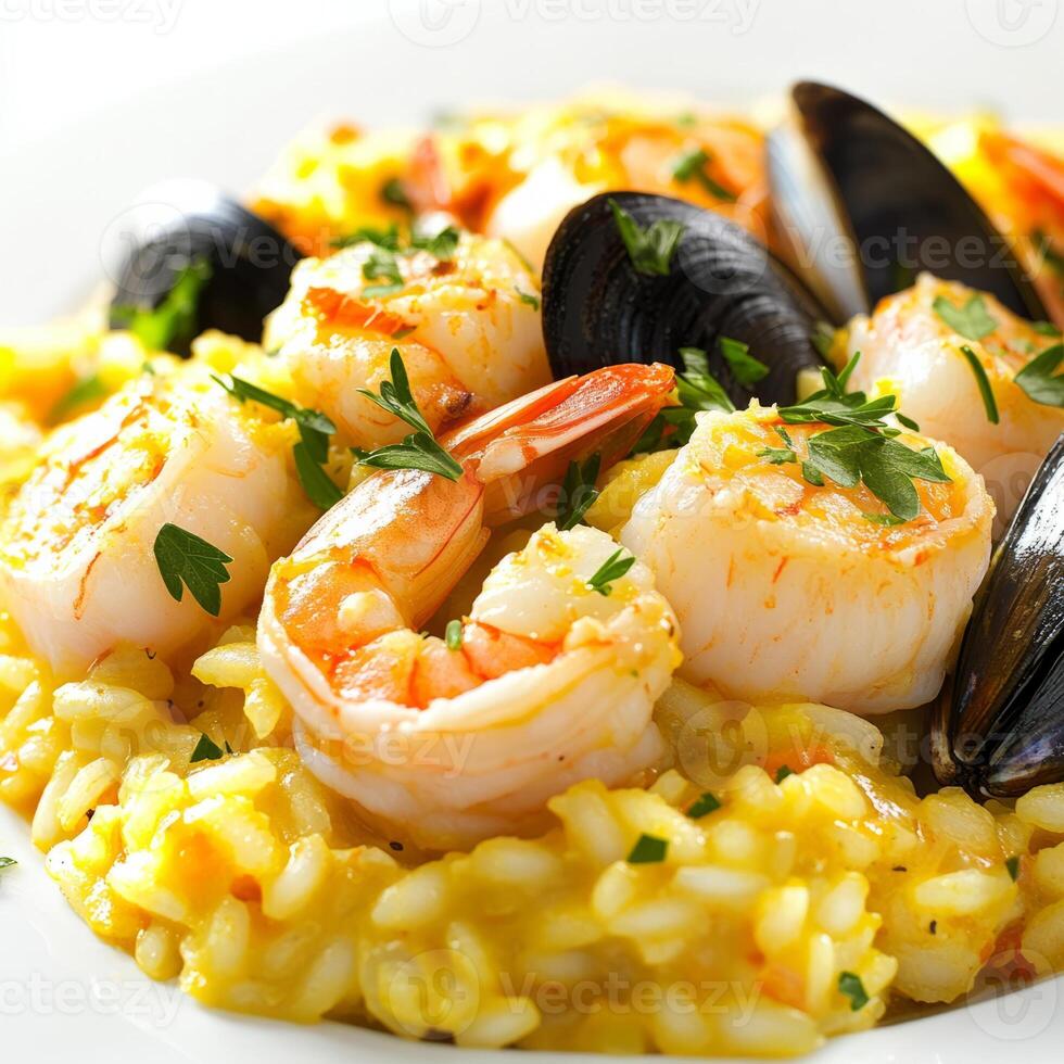 A close-up of a plate of seafood risotto, featuring shrimp, scallops, and mussels cooked in a creamy saffron-infused rice, garnished with fresh parsley. The seafood risotto, with its delicate seafood photo