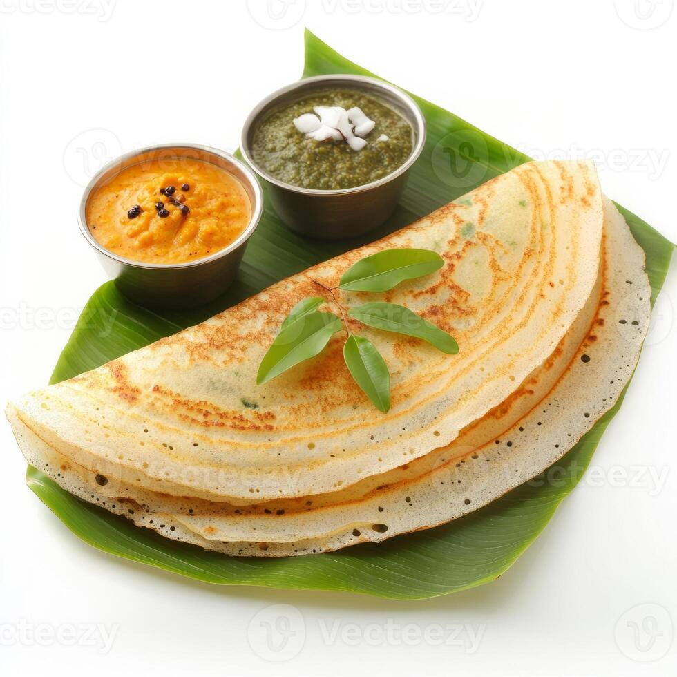 A close-up of a rava dosa, with a crispy crepe made from semolina batter, served with coconut chutney and sambar, arranged on a banana leaf, isolated on clean white background. photo