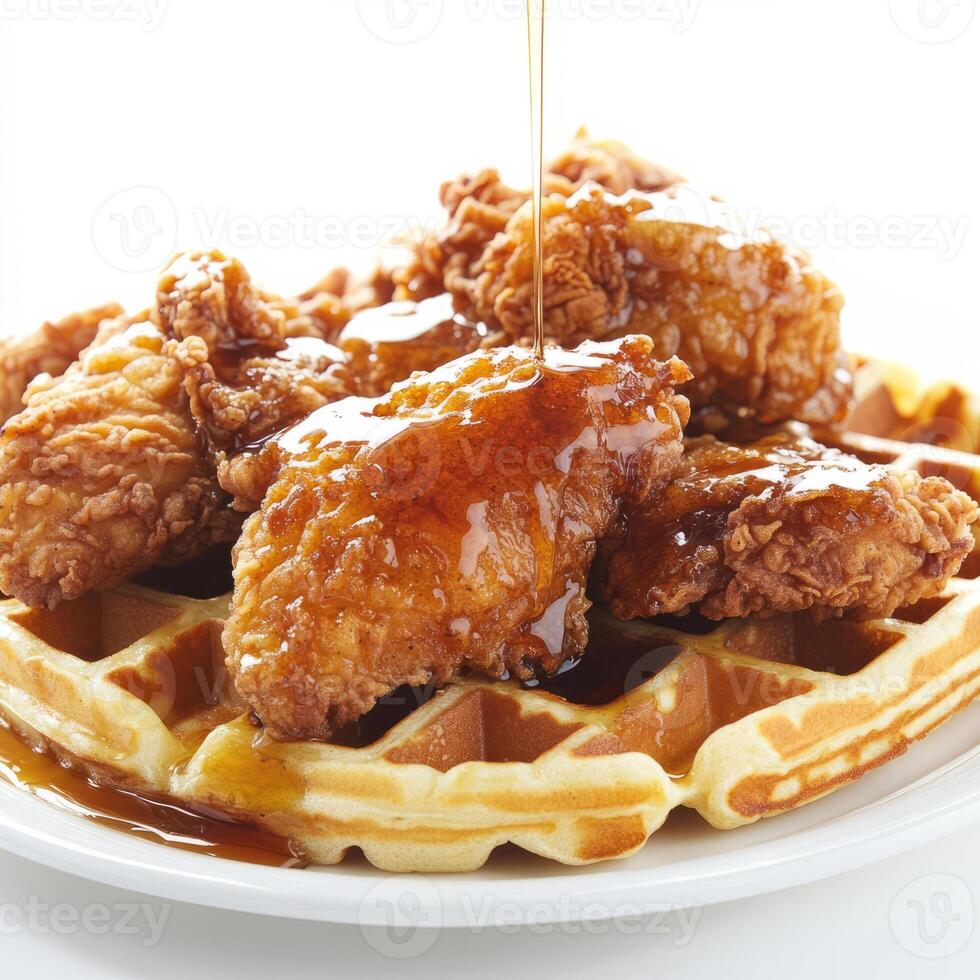 A detailed close-up of a plate of chicken and waffles, featuring crispy fried chicken and fluffy waffles, drizzled with maple syrup. The chicken and waffles, with their contrasting textures and photo