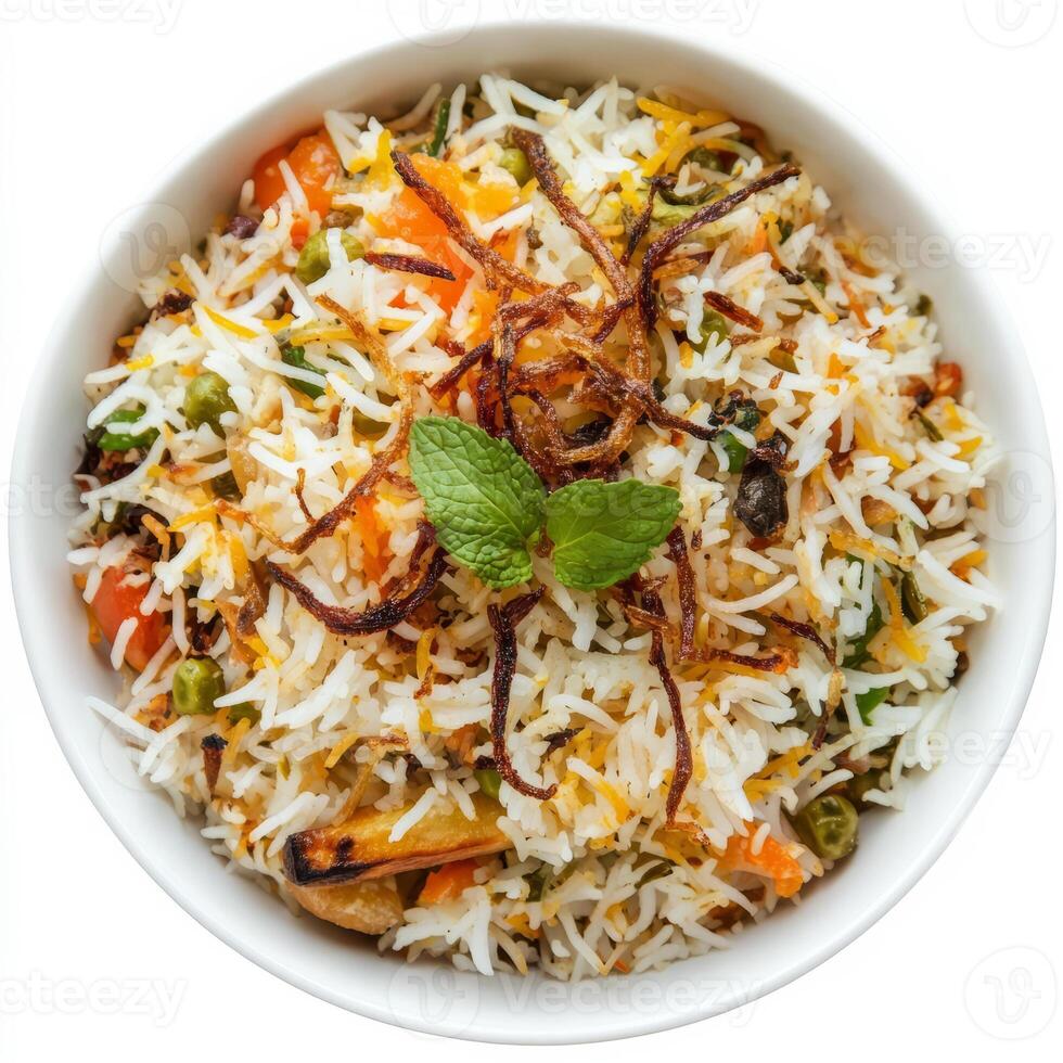 A bowl of vegetable biryani, with a mix of colorful vegetables, basmati rice, and aromatic spices, garnished with fried onions, mint leaves, and a sprinkle of saffron, isolated on clean white photo