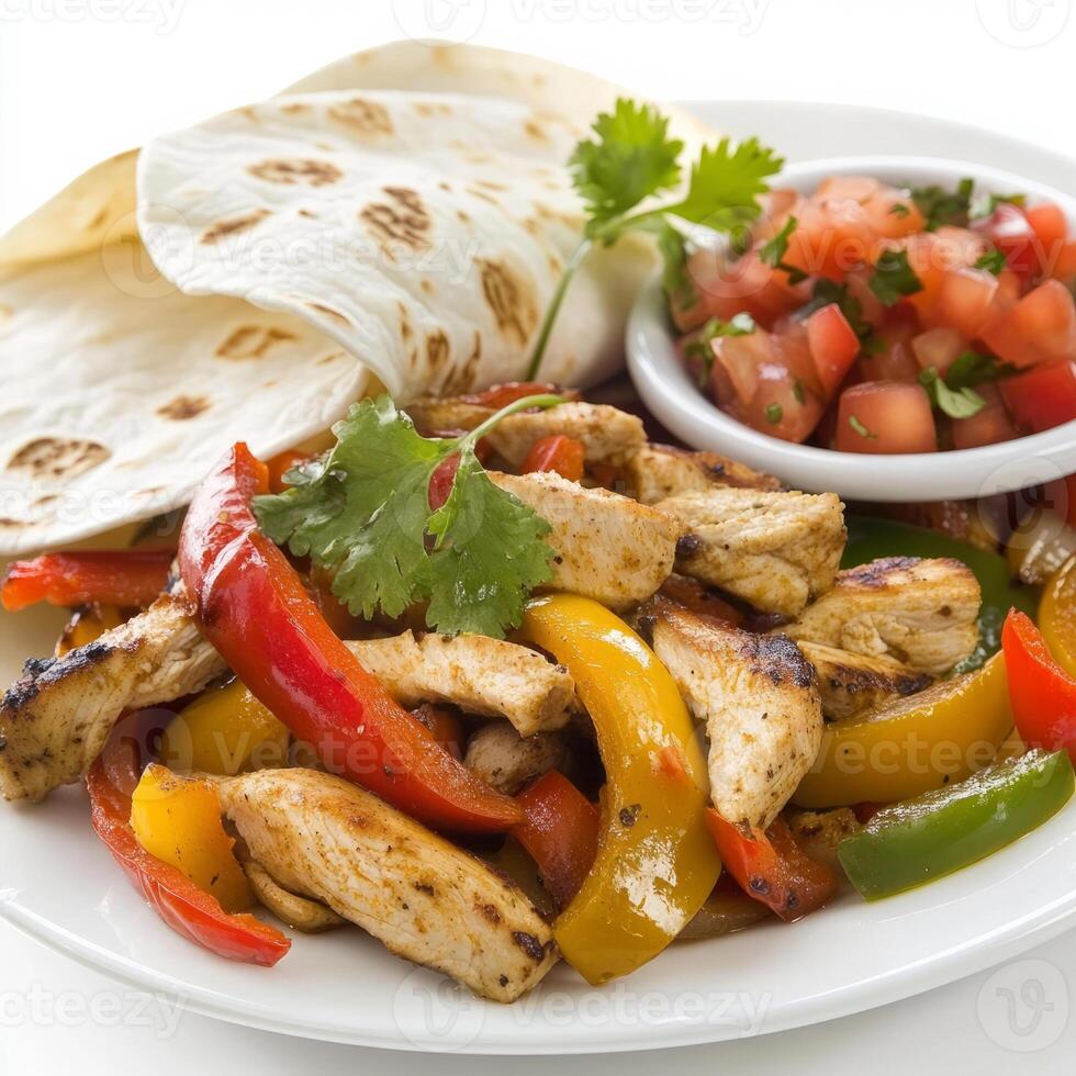 A close-up of a plate of chicken fajitas, featuring grilled chicken, bell peppers, and onions, served with tortillas and toppings. The chicken fajitas, with their sizzling flavors and customizable photo