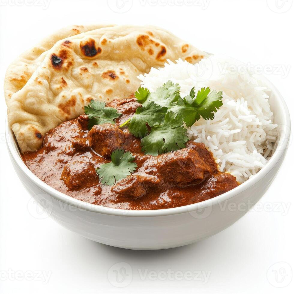 An image of a bowl of spicy vindaloo curry, served with basmati rice and naan bread, garnished with fresh cilantro. The vindaloo curry, with its bold, spicy flavors and tender meat, provides a hearty photo