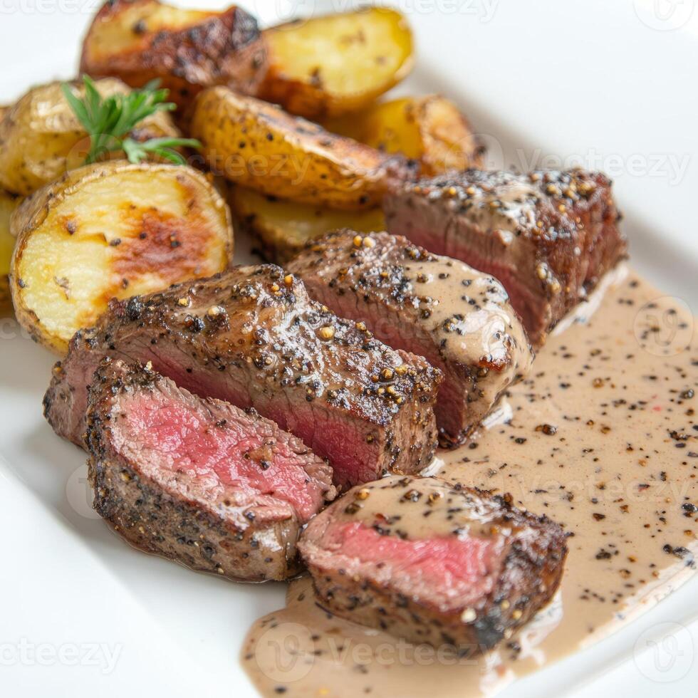 A detailed image of a plate of steak au poivre, featuring a pepper-crusted steak and a creamy brandy sauce, served with roasted potatoes. The steak au poivre, with its bold flavors and tender meat, photo