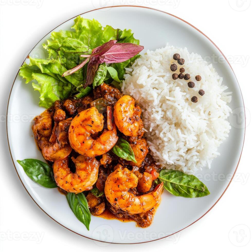 A plate of prawn pepper fry, with prawns cooked in a spicy and peppery sauce, served with rice and a side of salad, garnished with curry leaves and peppercorns, isolated on clean white background. photo