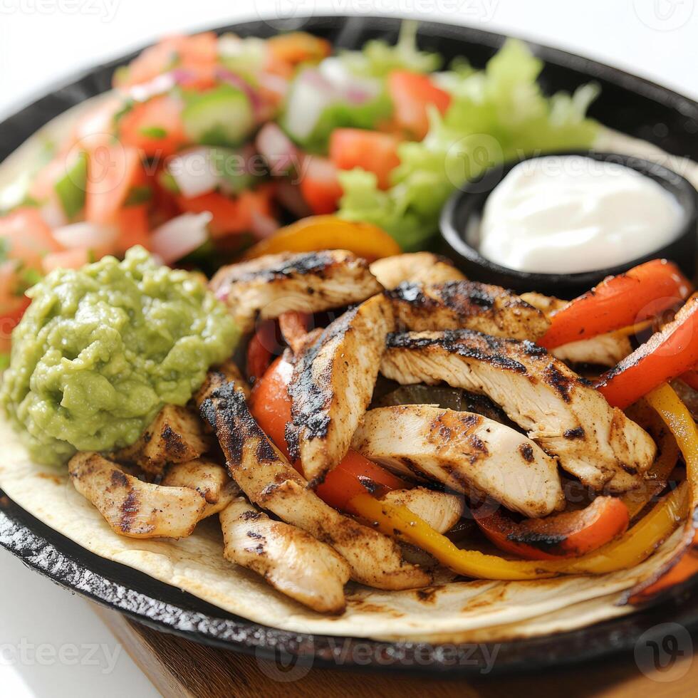 A close-up of a sizzling plate of chicken fajitas, featuring grilled chicken, bell peppers, and onions, served with warm tortillas, guacamole, sour cream, and pico de gallo. isolated on clean white photo