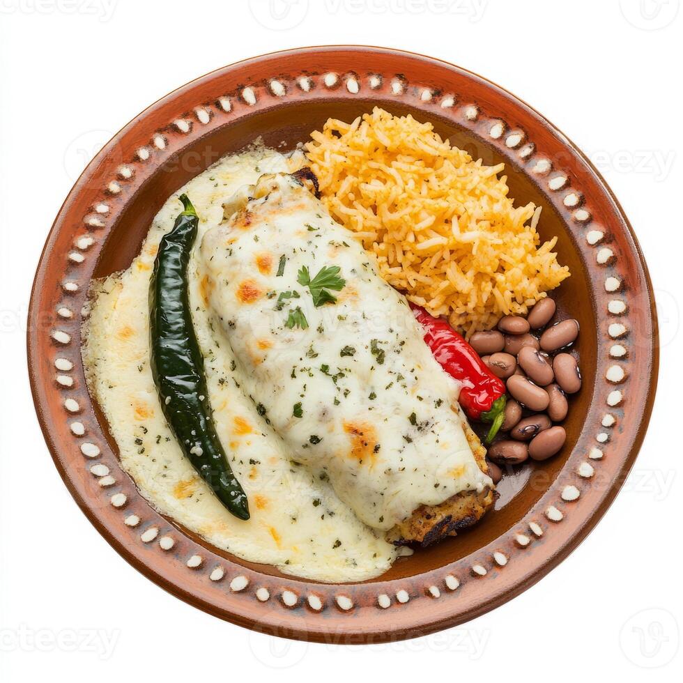 A plate of chile relleno casserole, a cheesy casserole with roasted poblano peppers, cheese, and a creamy sauce, served with rice and beans, arranged on a rustic plate, isolated on clean white photo