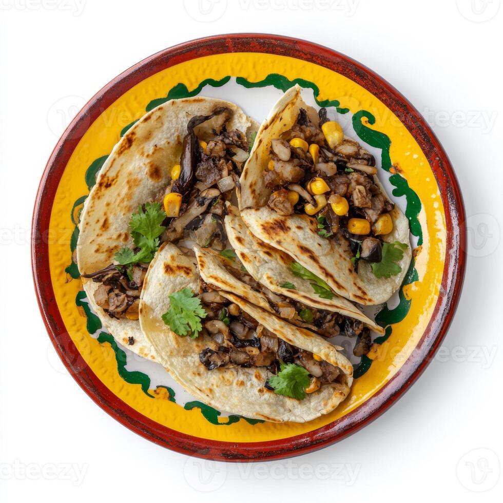 A vibrant plate of huitlacoche quesadillas, quesadillas filled with huitlacoche, a corn fungus considered a delicacy in Mexico, with a mild and earthy flavor, isolated on clean white background. photo