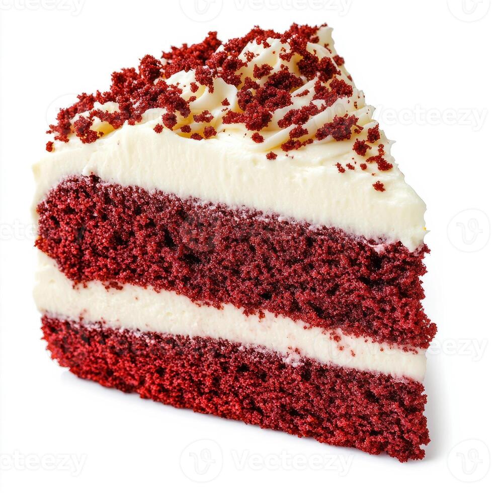 A meticulous close-up of a slice of red velvet cake, featuring moist layers and creamy cream cheese frosting, topped with red velvet crumbs. The red velvet cake, with its vibrant color and subtle photo