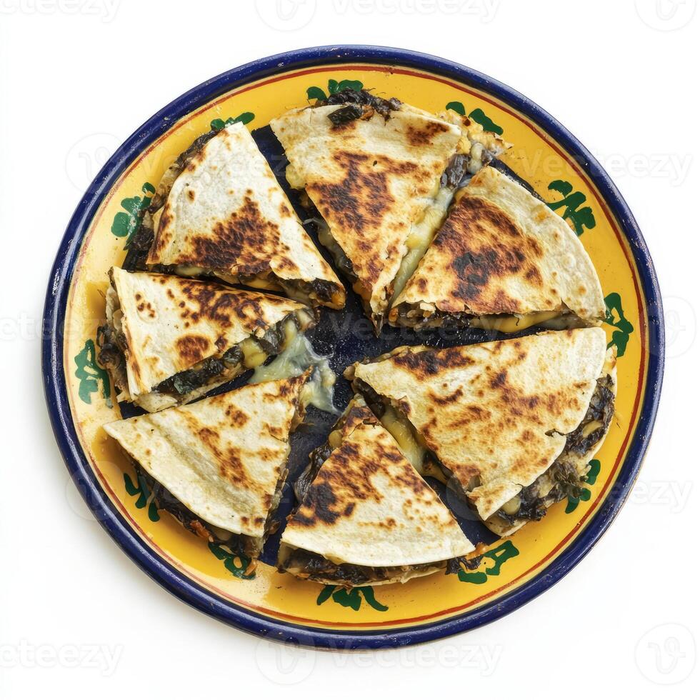 A vibrant plate of huitlacoche quesadillas, quesadillas filled with huitlacoche, a corn fungus considered a delicacy in Mexico, with a mild and earthy flavor, arranged on a griddle with melted cheese photo