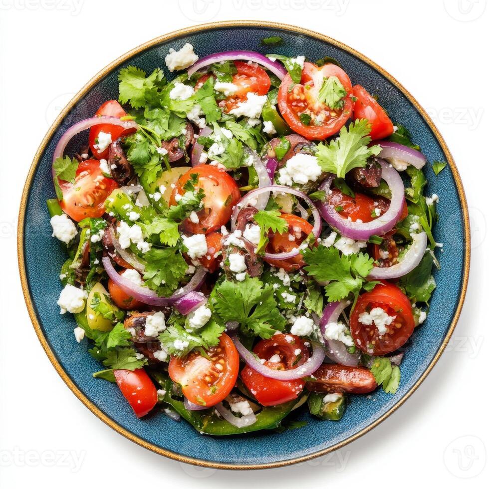 A vibrant plate of nopalitos salad, a refreshing salad with cactus paddles, tomatoes, onions, cilantro, and queso fresco, dressed with a light vinaigrette, isolated on clean white background. photo