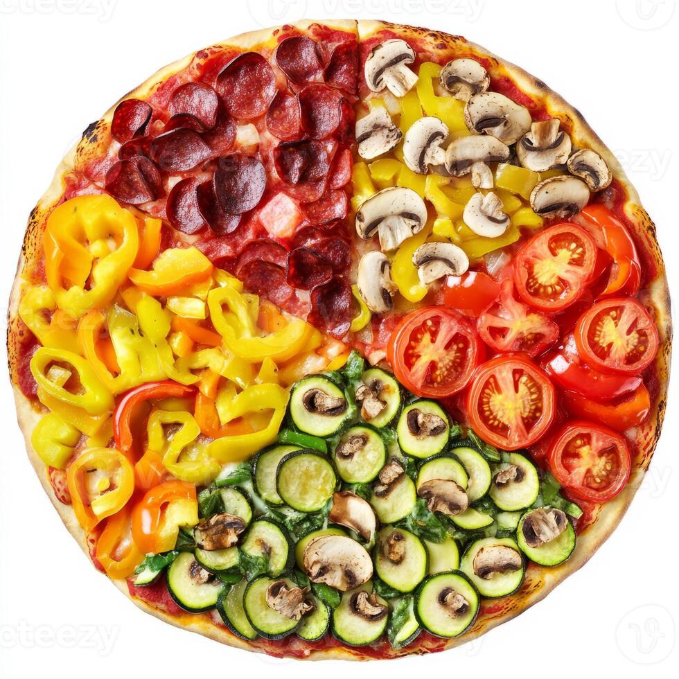 A vibrant image of a rainbow vegetable pizza, with colorful toppings of bell peppers, zucchini, tomatoes, and mushrooms. The rainbow vegetable pizza, with its array of fresh vegetables and crispy photo