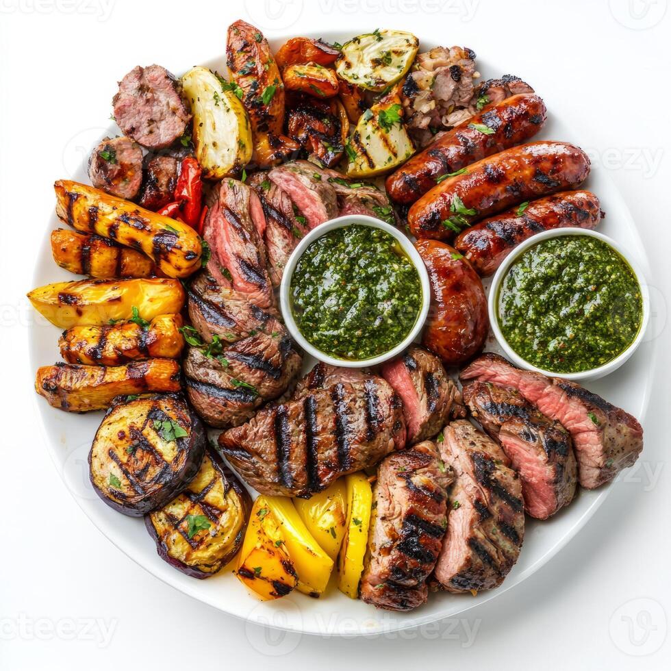 A beautifully arranged image of a platter of mixed grilled meats, featuring steak, chicken, and sausages, served with roasted vegetables and chimichurri sauce. The mixed grilled meats, with their photo