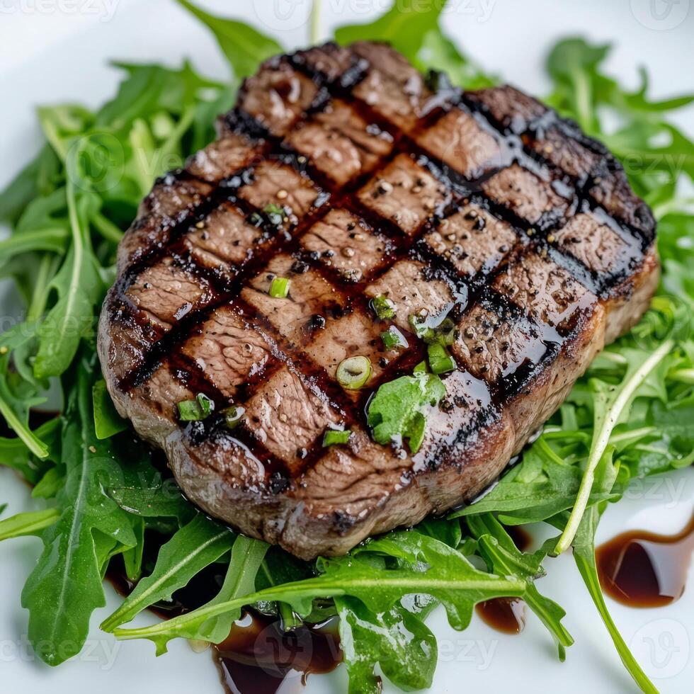 Grilled steak with arugula and balsamic sauce photo
