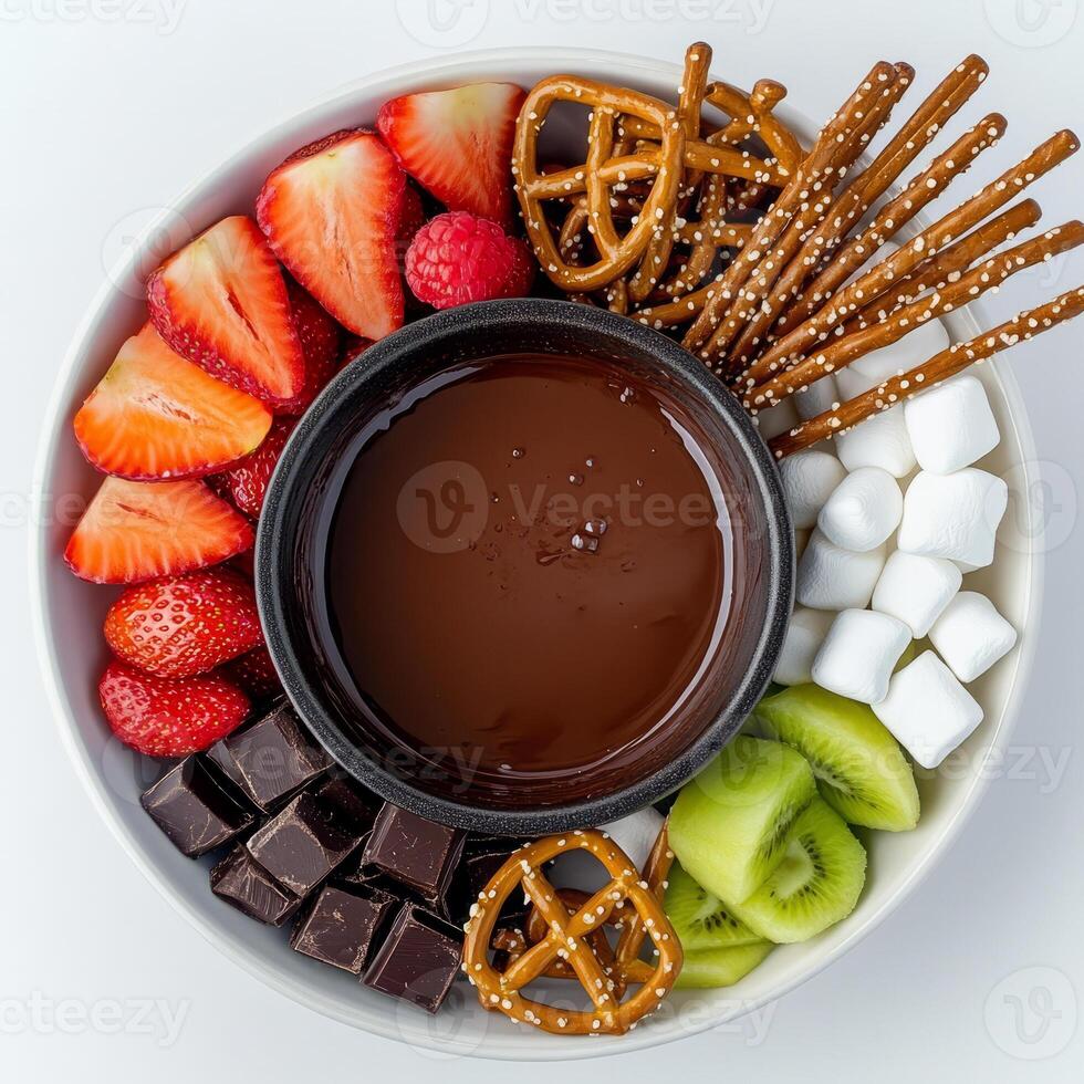A bowl filled with chocolate, strawberries, pretzels and other snacks photo