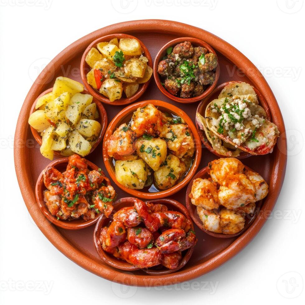 A platter of colorful tapas, including patatas bravas, gambas al ajillo, and chorizo al vino, arranged on a rustic terracotta plate. The tapas, with their variety of small bites and intense flavors, photo