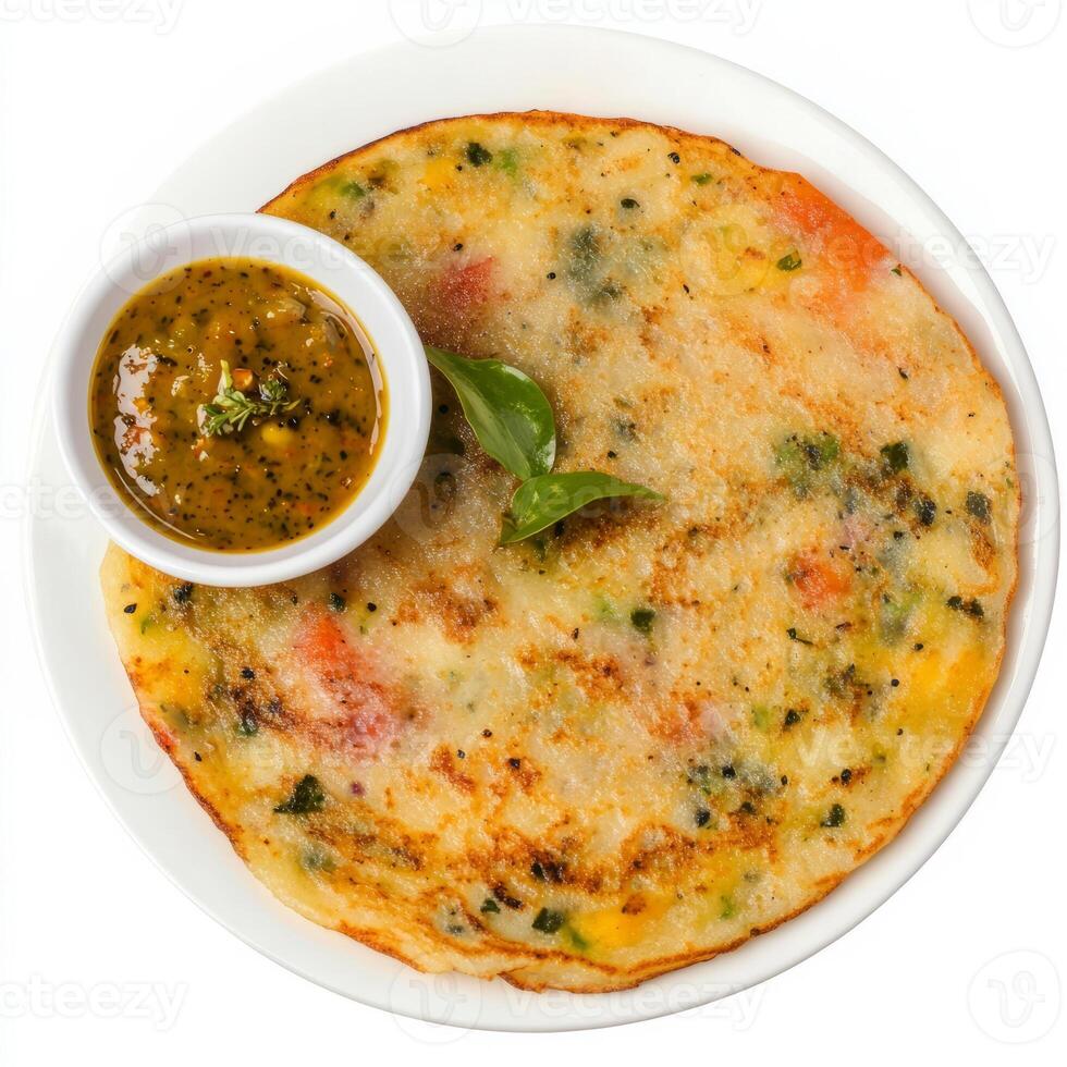 A close-up of a uttapam, with a thick pancake made from rice and lentil batter, topped with vegetables, served with sambar and chutney, isolated on clean white background. photo