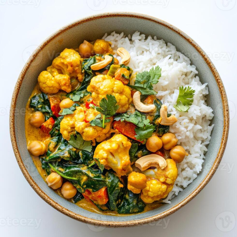 A vibrant bowl of cauliflower and chickpea curry, with tender cauliflower florets, chickpeas, spinach, and a creamy coconut milk-based curry sauce, served with basmati rice and garnished with cilantro photo