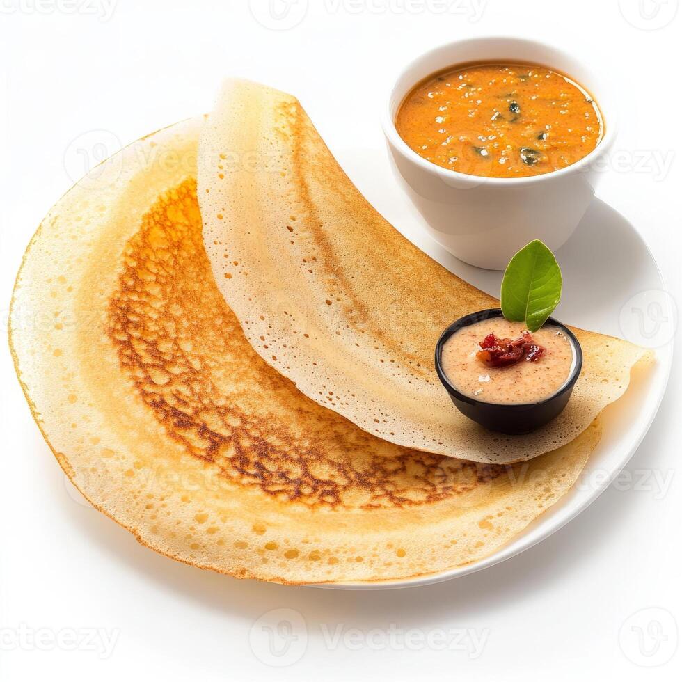 A plate with two dosa's and a bowl of sauce photo