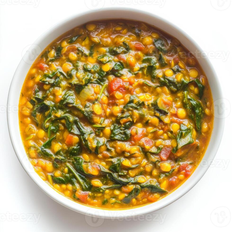 A bowl of lentil and spinach soup with a spoon photo
