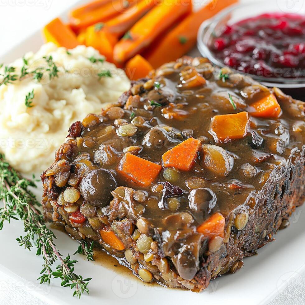 A close-up of a lentil and vegetable loaf, with a savory lentil and vegetable filling baked until firm and sliceable, served with a mushroom gravy, roasted vegetables, mashed sweet potatoes, and a photo
