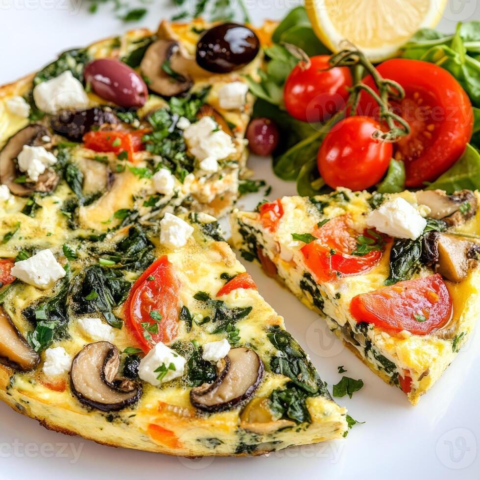 A plate topped with a quiche with mushrooms, tomatoes, and spinach photo