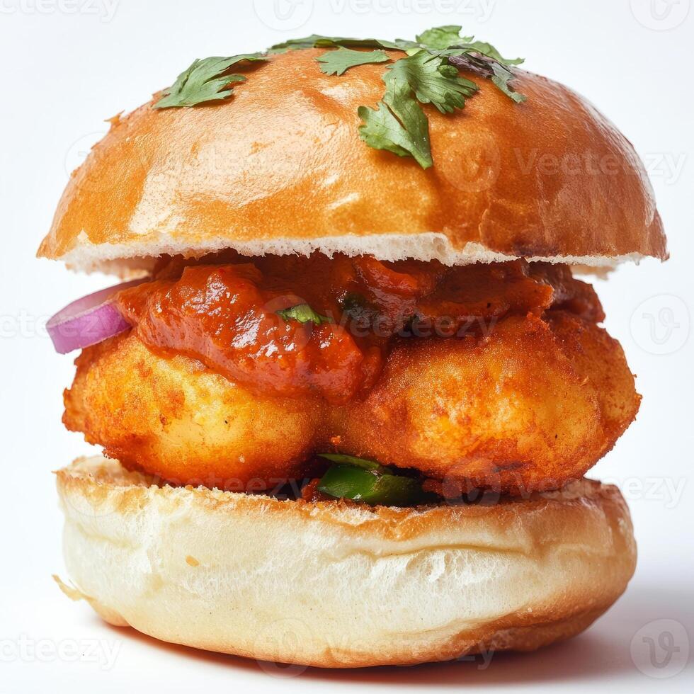 A close up of a burger with a side of sauce photo