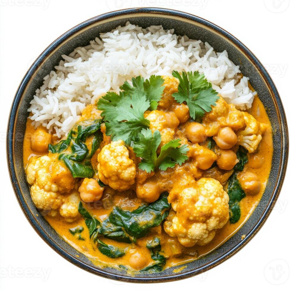 A vibrant bowl of cauliflower and chickpea curry, with tender cauliflower florets, chickpeas, and spinach, simmered in a creamy coconut milk-based curry sauce, served with basmati rice and garnished photo