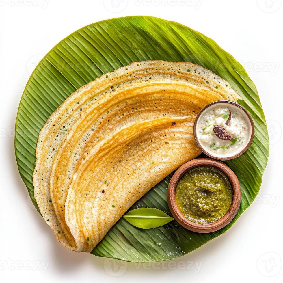 Indian dosa on a banana leaf with a dipping sauce photo