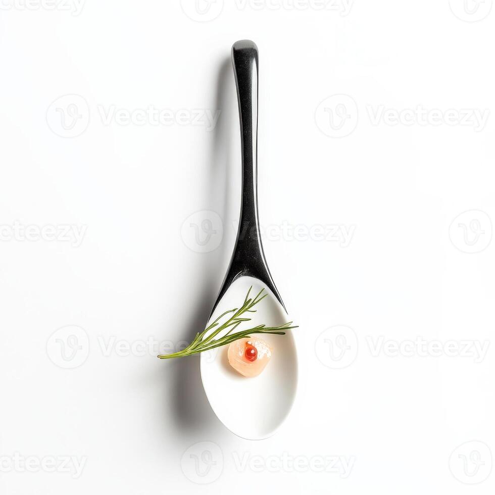 A tasting spoon, featuring a perfectly balanced bite designed to showcase the essence of the chef's culinary philosophy, a concentrated and impactful flavor experience within a small, elegant vessel, photo
