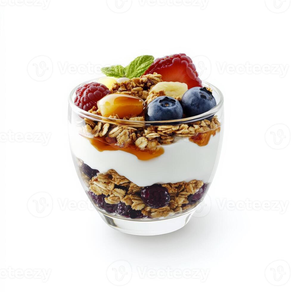 A bowl of fresh fruit yogurt parfait with layers of creamy Greek yogurt, mixed berries, crunchy granola, and a drizzle of honey, served in a glass. Isolated on clean white background photo