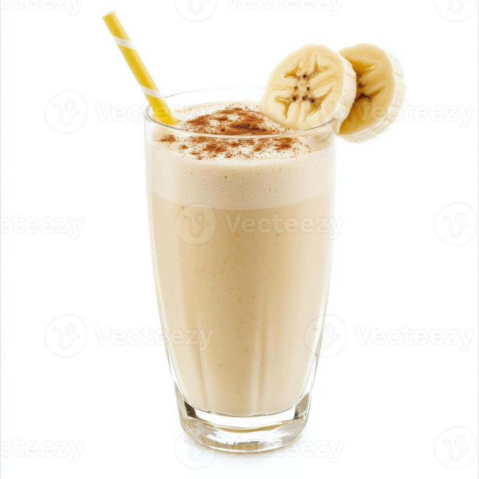 A tall glass of creamy banana smoothie with a blend of ripe bananas, Greek yogurt, honey, and a sprinkle of cinnamon, served with a straw. Isolated on clean white background photo